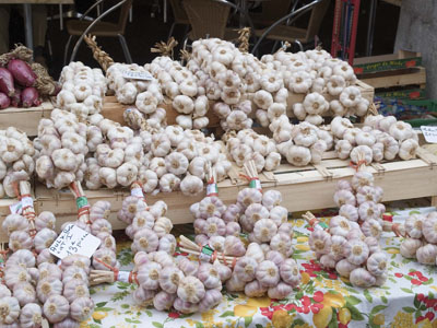 Garlic stall, Annecy market, Savoie, France 0295DFR